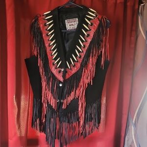 Women's Black and Red Fringe Vest